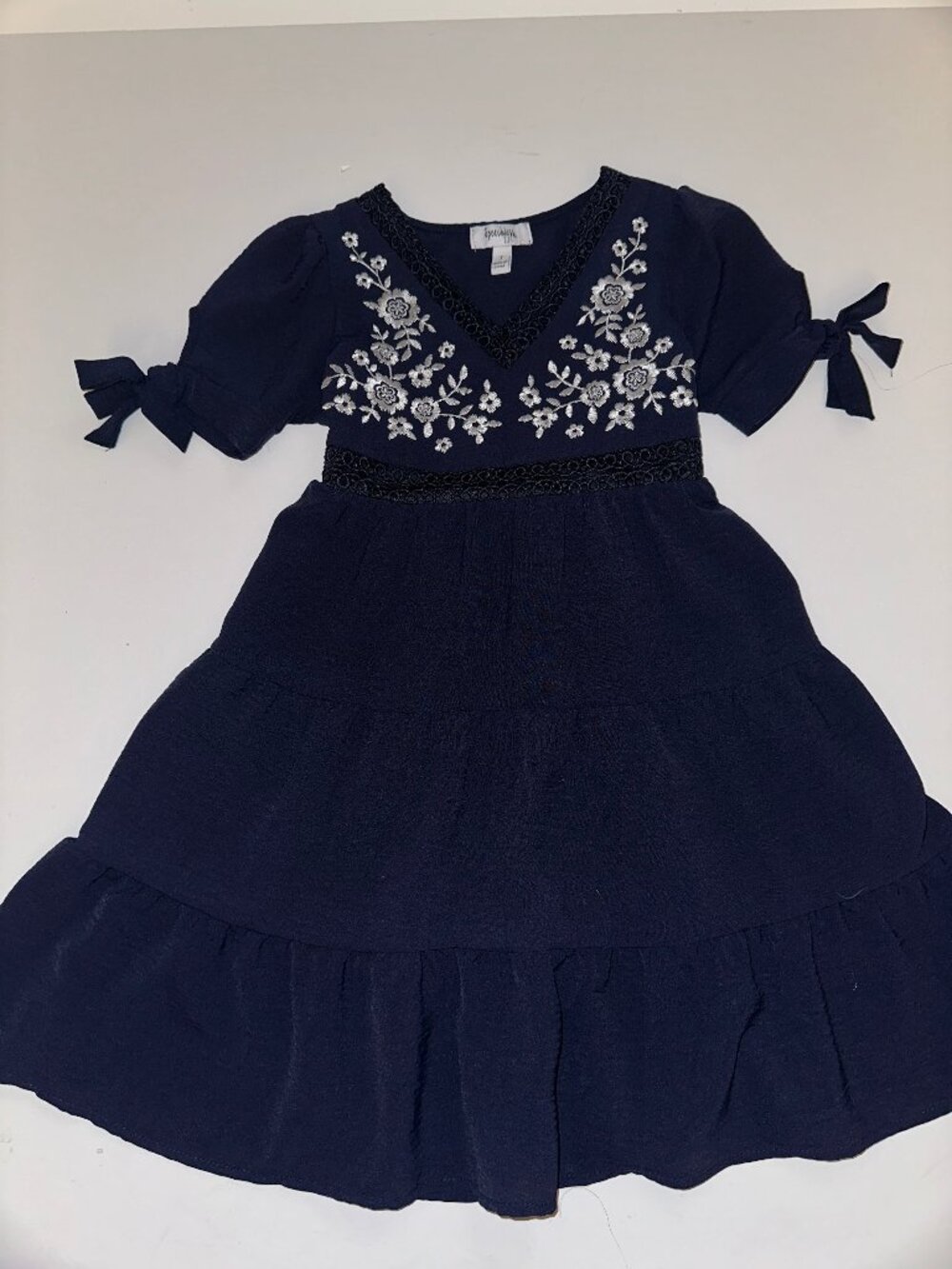 Speechless Kids Dress Girls Size 7 Navy Blue Cottagecore embroidered tier skirt